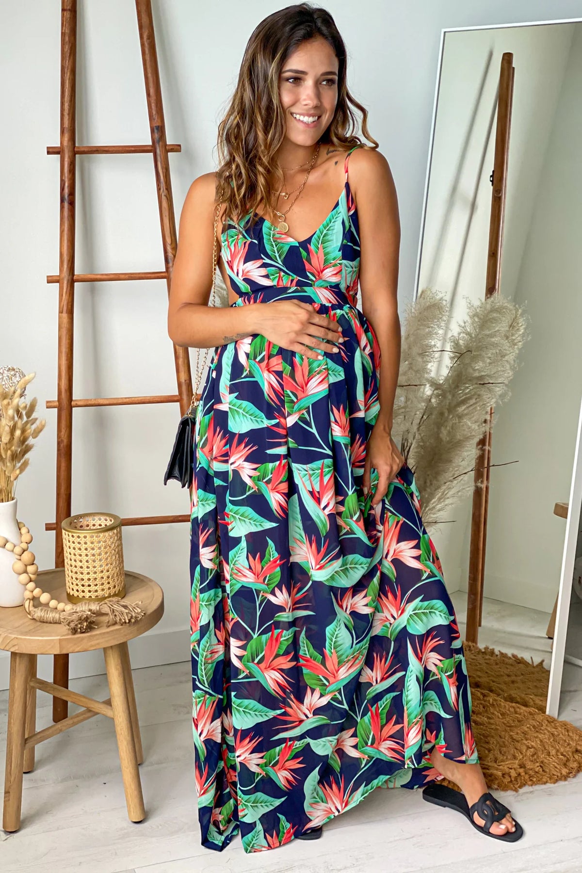 Navy Printed Open Back Maternity Maxi Dress