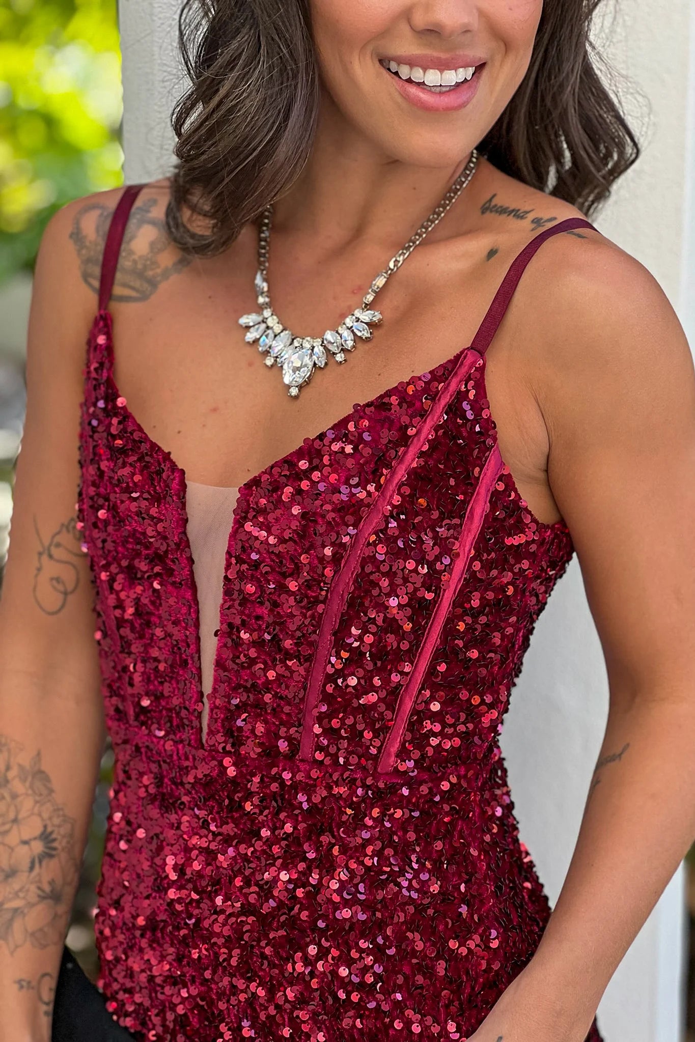 Burgundy Sequin Velvet Maxi Dress With Slit