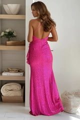 Hot Pink Sequin Ruffle Maxi Dress