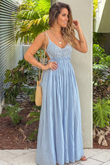 Light Blue Crochet Top Maxi Dress With Open Back and Frayed Hem