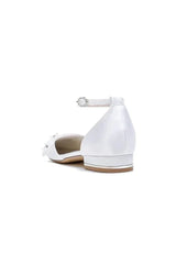 White Pointed Toe Ankle Strap Low Heels with Rhinestone