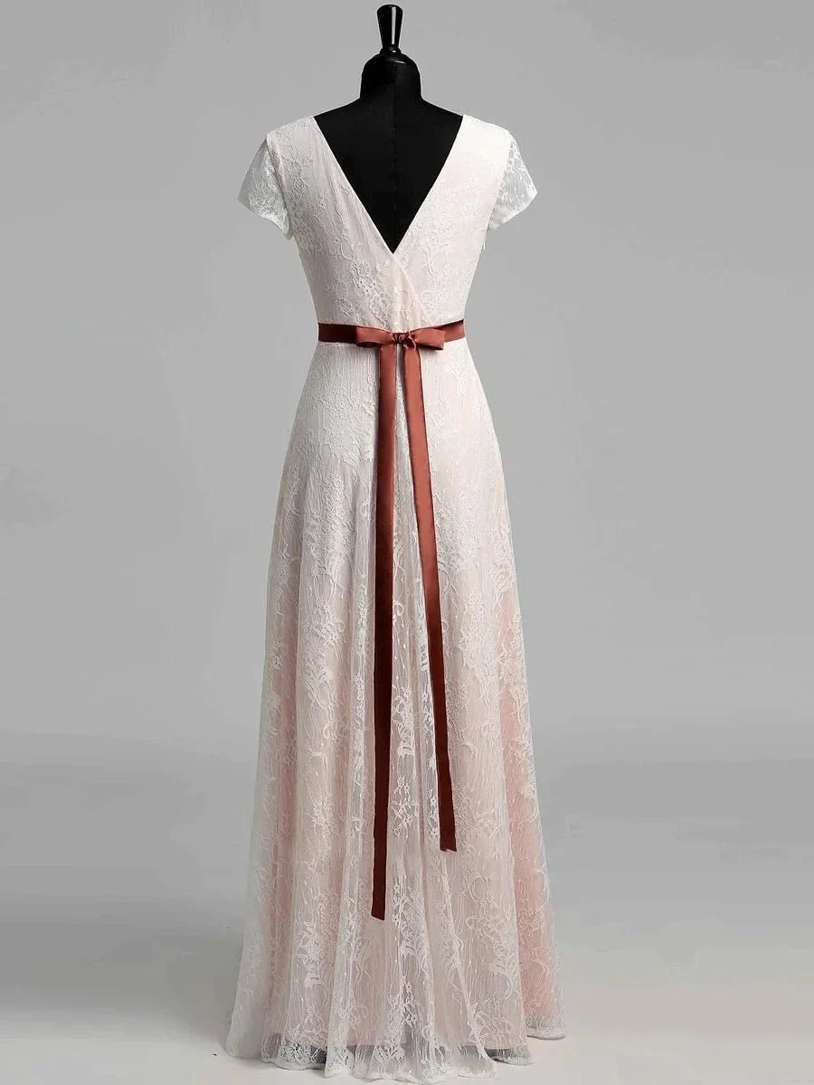 Short Sleeve V neck Pleated Long Lace Wedding Dress