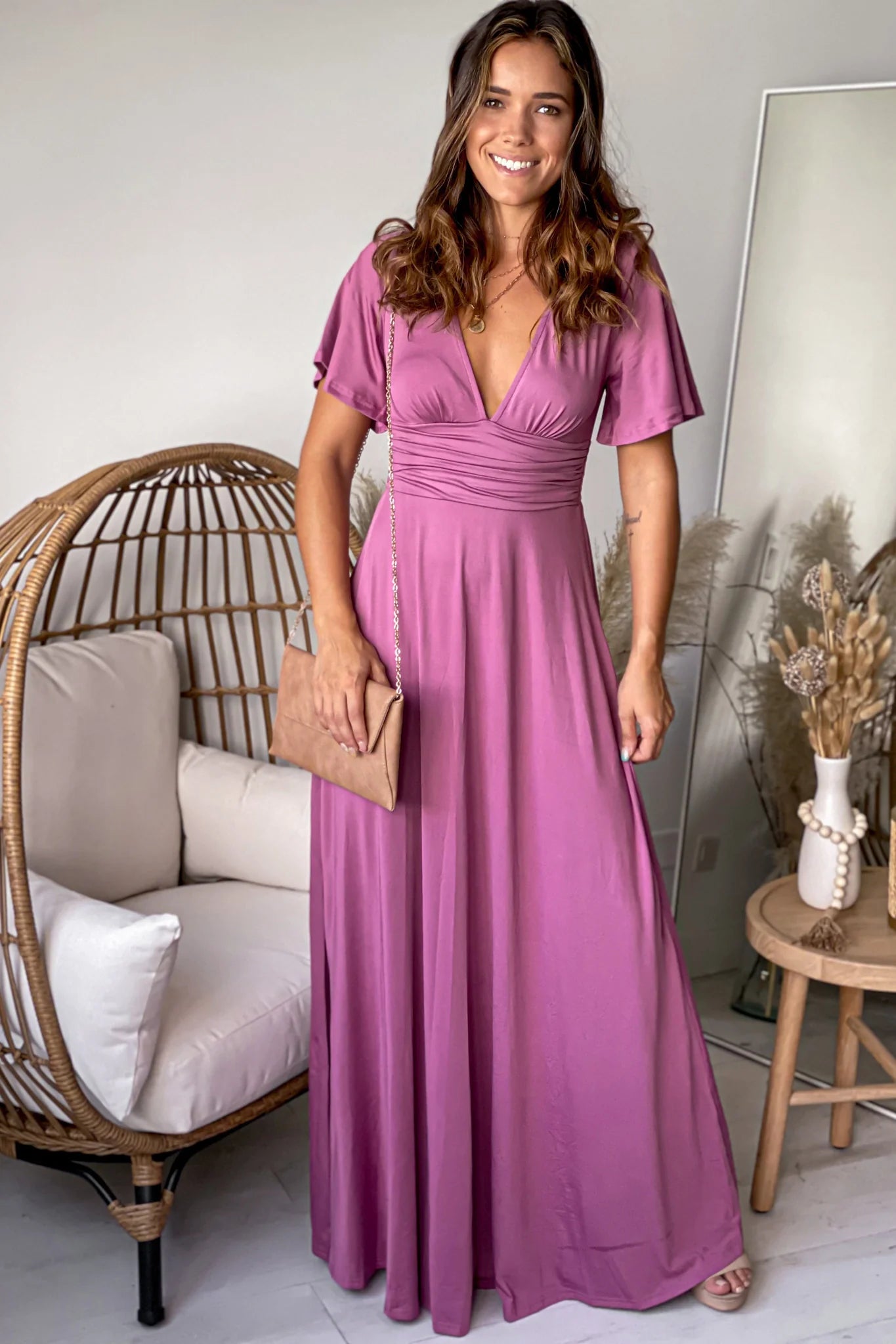 Mauve V Neck Maxi Dress With Short Sleeves