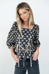 Jerzey Floral Peplum Blouse in Black FINAL SALE