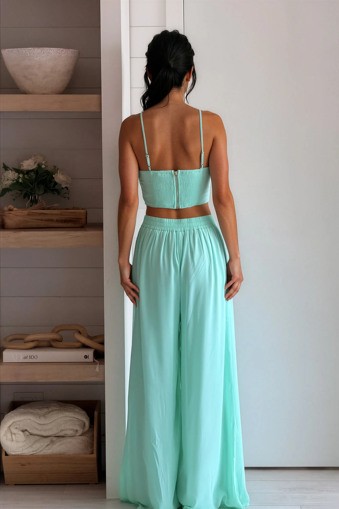 Mint Cowl Neck Top And Wide Leg Pants Set