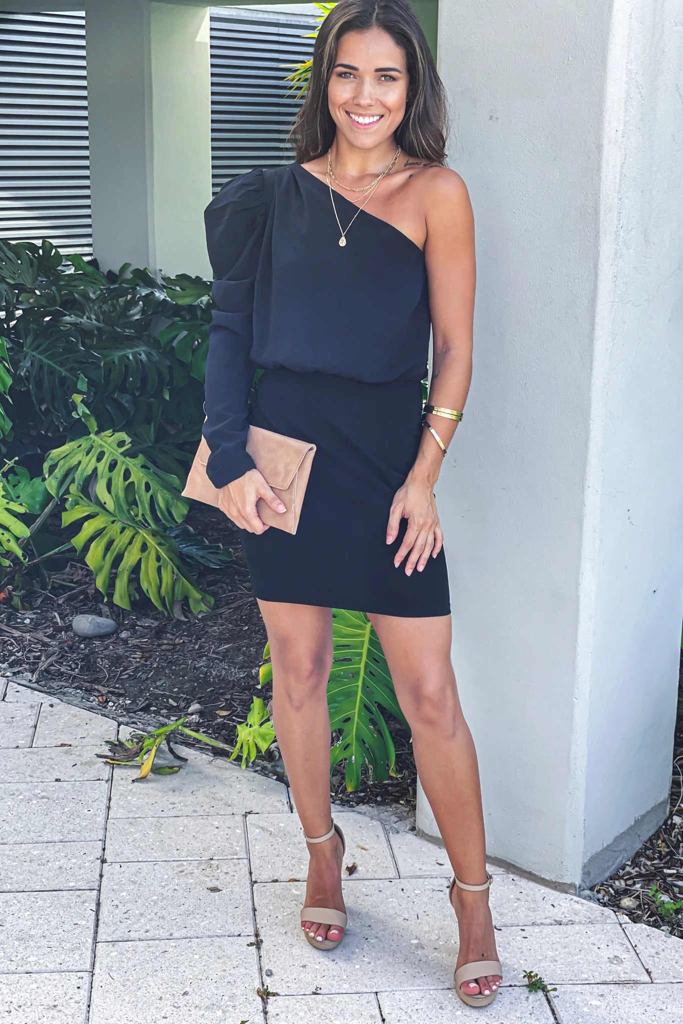 Black One Shoulder Puff Sleeve Short Dress