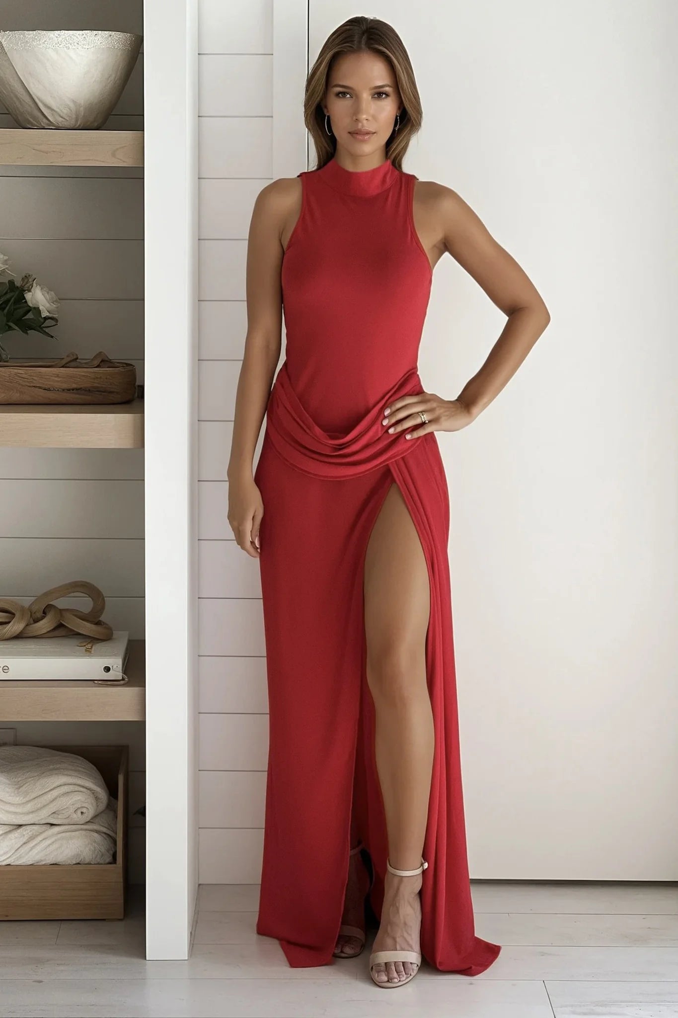 Red Jersey Draped Waist Maxi Dress