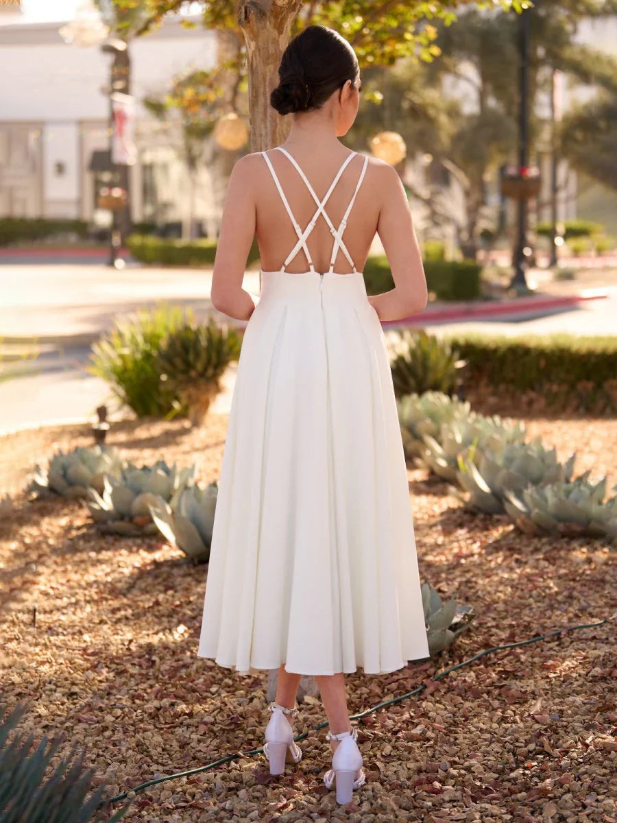A Line V Neck Sleeveless Satin Knee Length Wedding Dress