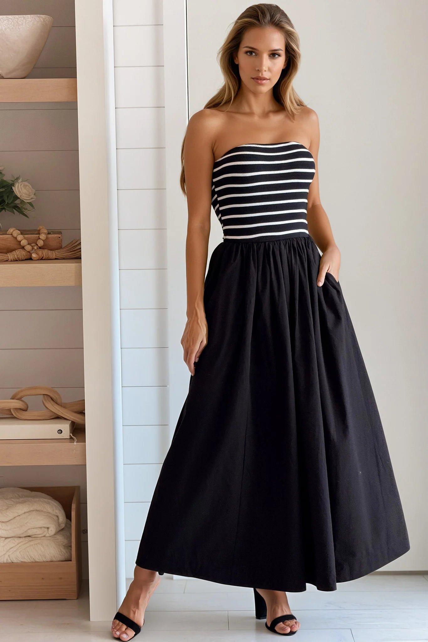 Black Striped Strapless Flowy Midi Dress