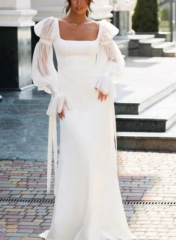 Mermaid Square Neckline Long Sleeves Satin Wedding Dresses