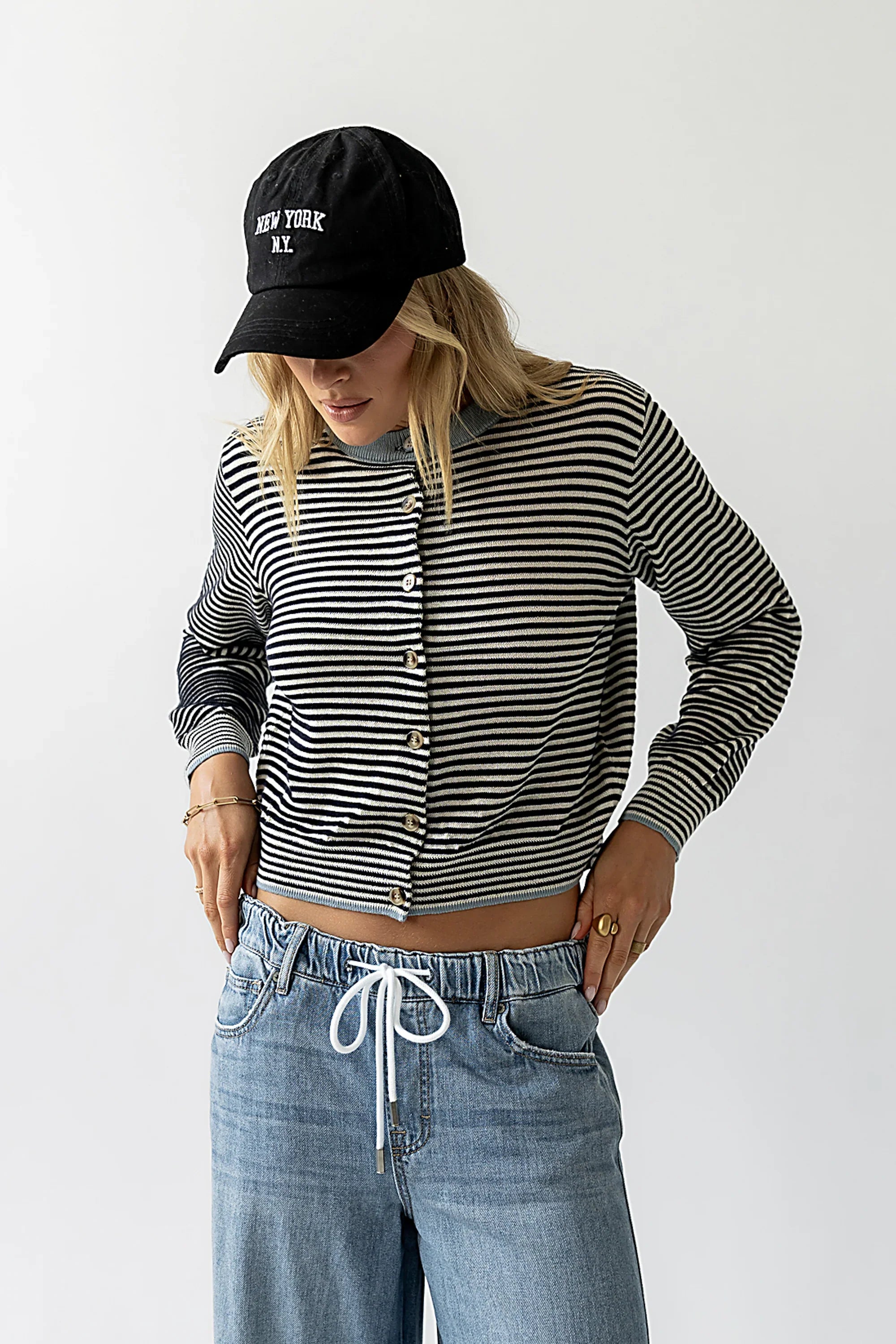 Josy Button Front Cardigan in Dusty Blue
