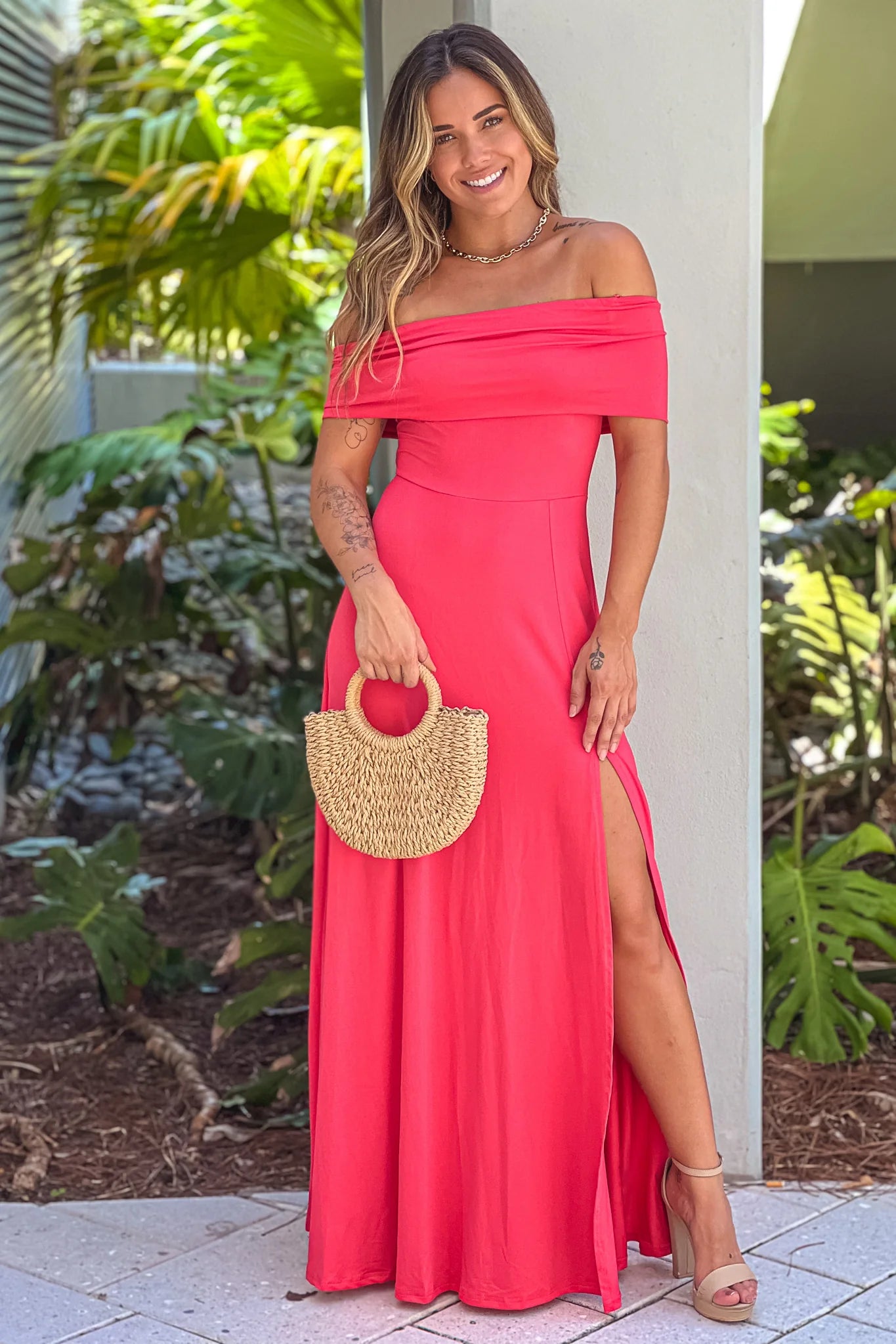 Rose Off Shoulder Maxi Dress With Slit