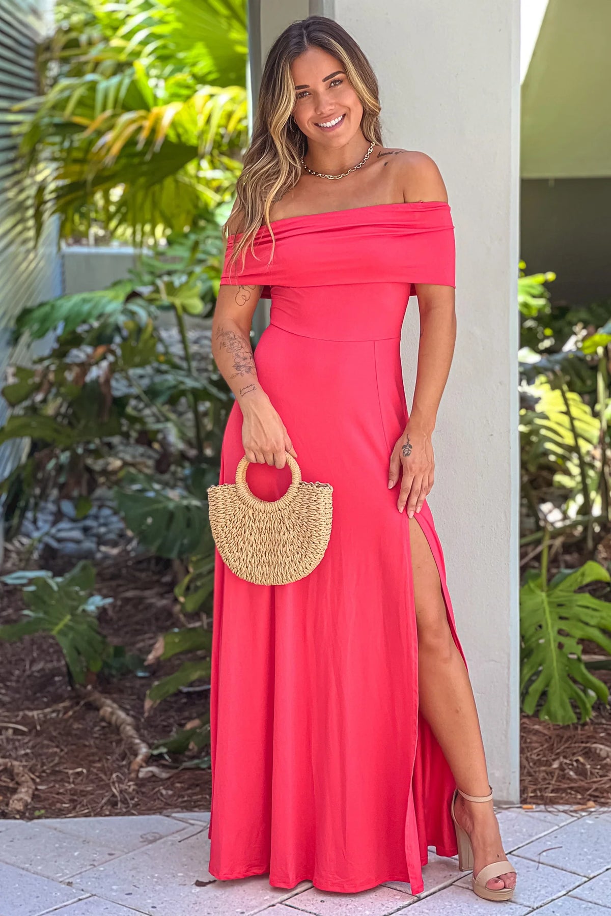 Rose Off Shoulder Maxi Dress With Slit