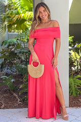 Rose Off Shoulder Maxi Dress With Slit