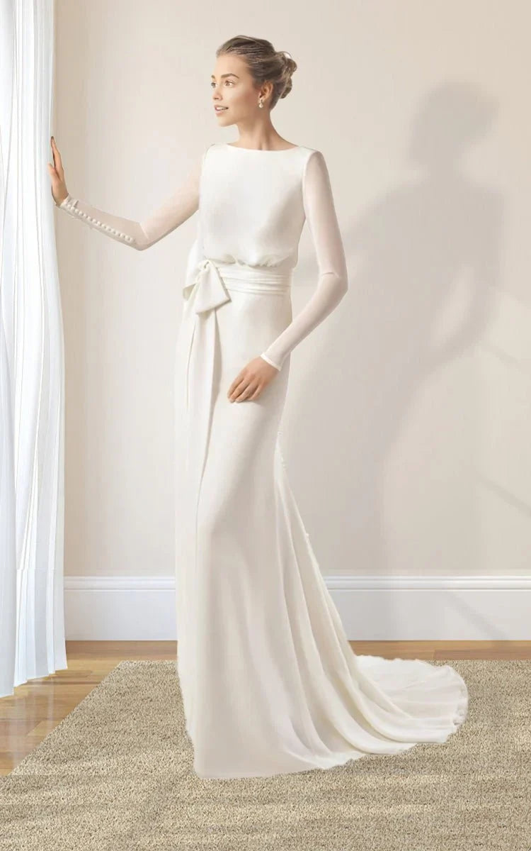 Simple Modest Chiffon Long Sleeve Wedding Dress With Decoratived Buttons and Bow