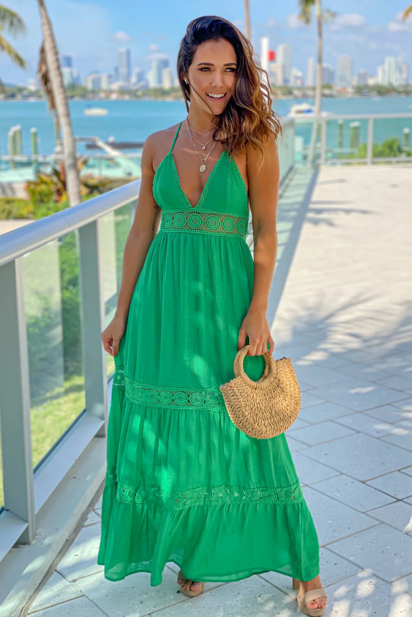 Green Crochet Waist Maxi Dress