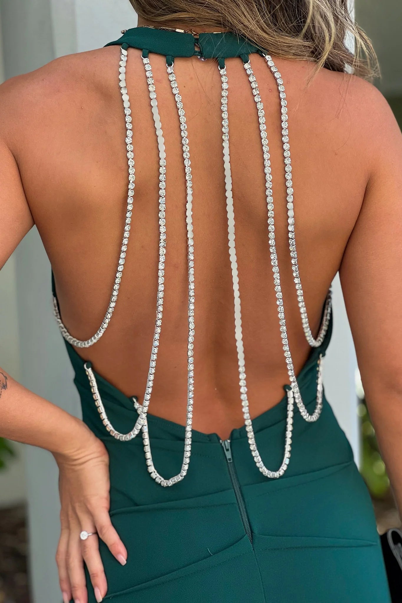 Hunter Green Maxi Dress With Rhinestone Multi Strap Back