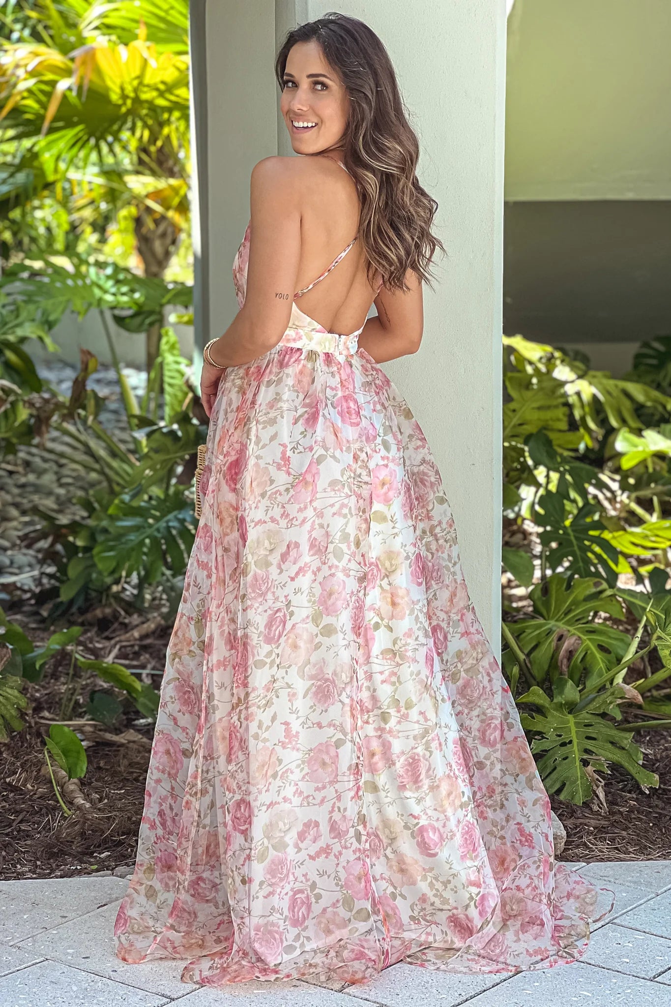 Off White Floral Mesh Maxi Dress