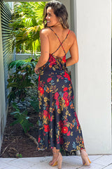 Black Floral Satin Dress With Slit