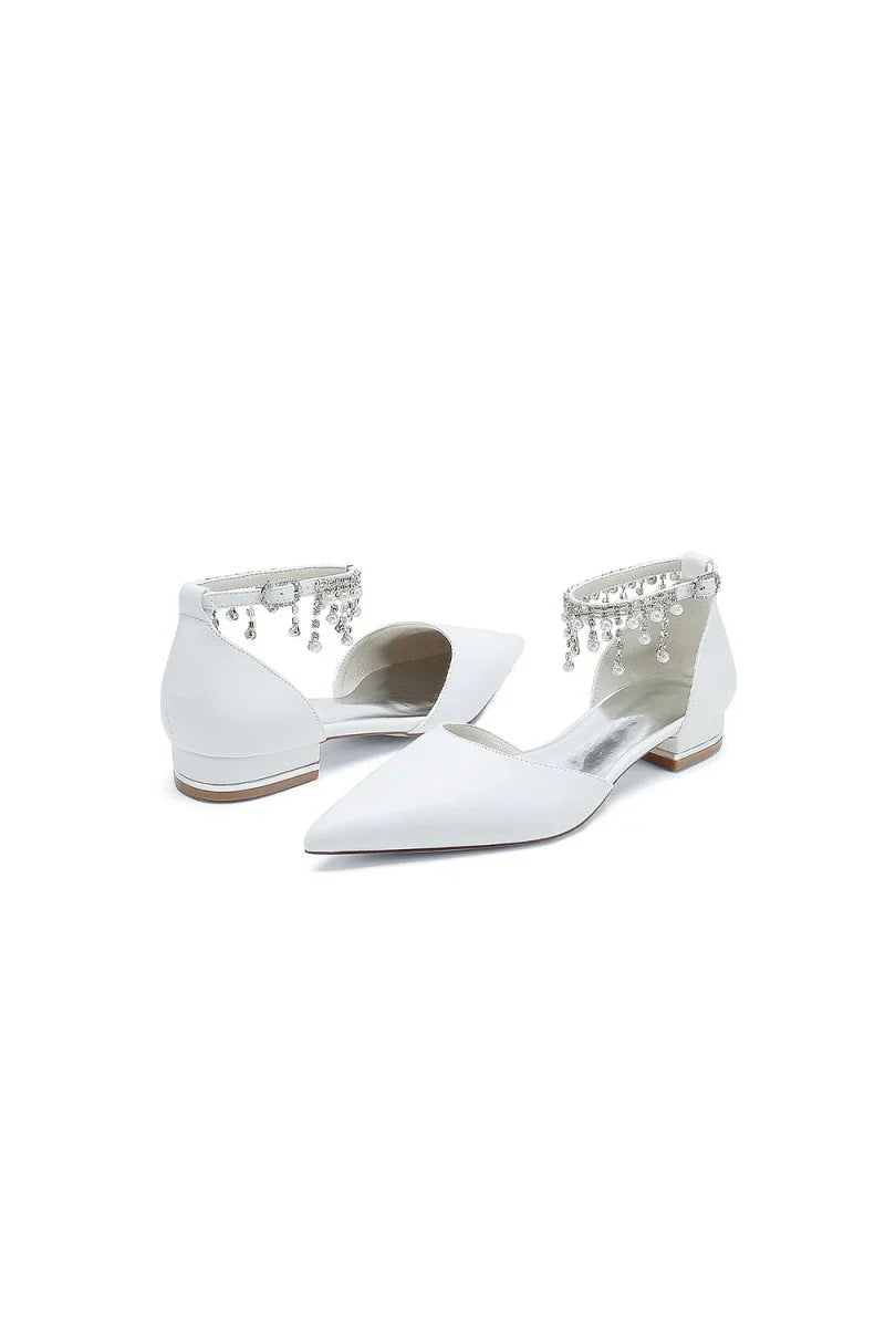 White Pearl Beaded Ankle Strap Pointed Toe Low Heels