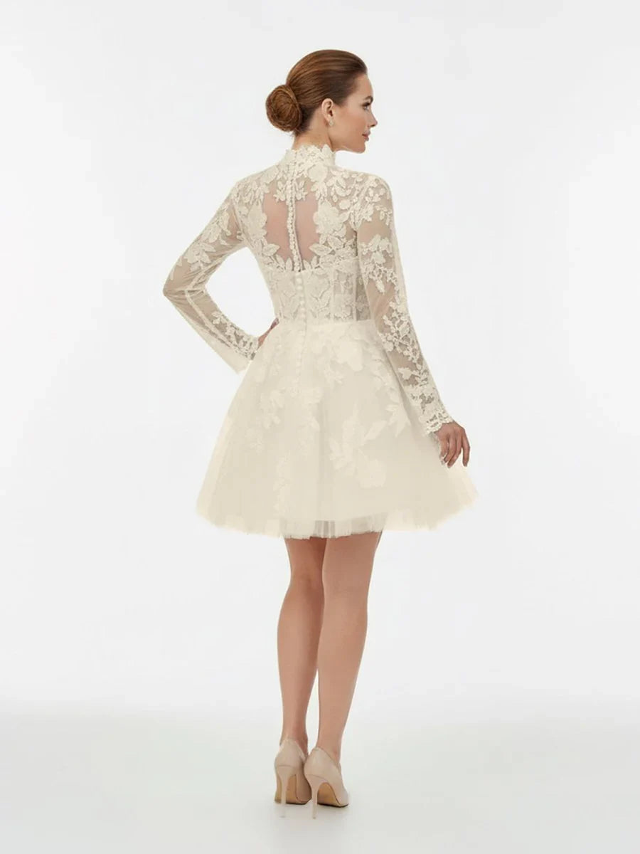 Short White A Line Illusion Neck Long Sleeves Lace Wedding Dresses