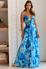 Blue Printed Cut Out Maxi Dress With Slit