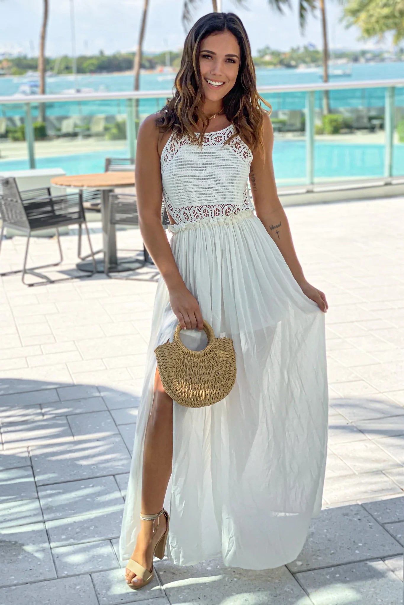Off White Crochet Top Maxi Dress With Slit