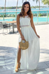Off White Crochet Top Maxi Dress With Slit