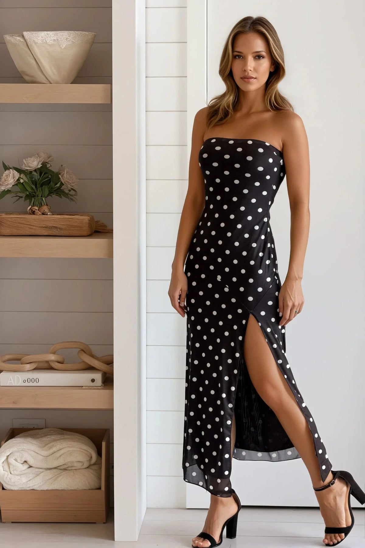 Black Polka Dot Tube Slit Maxi Dress