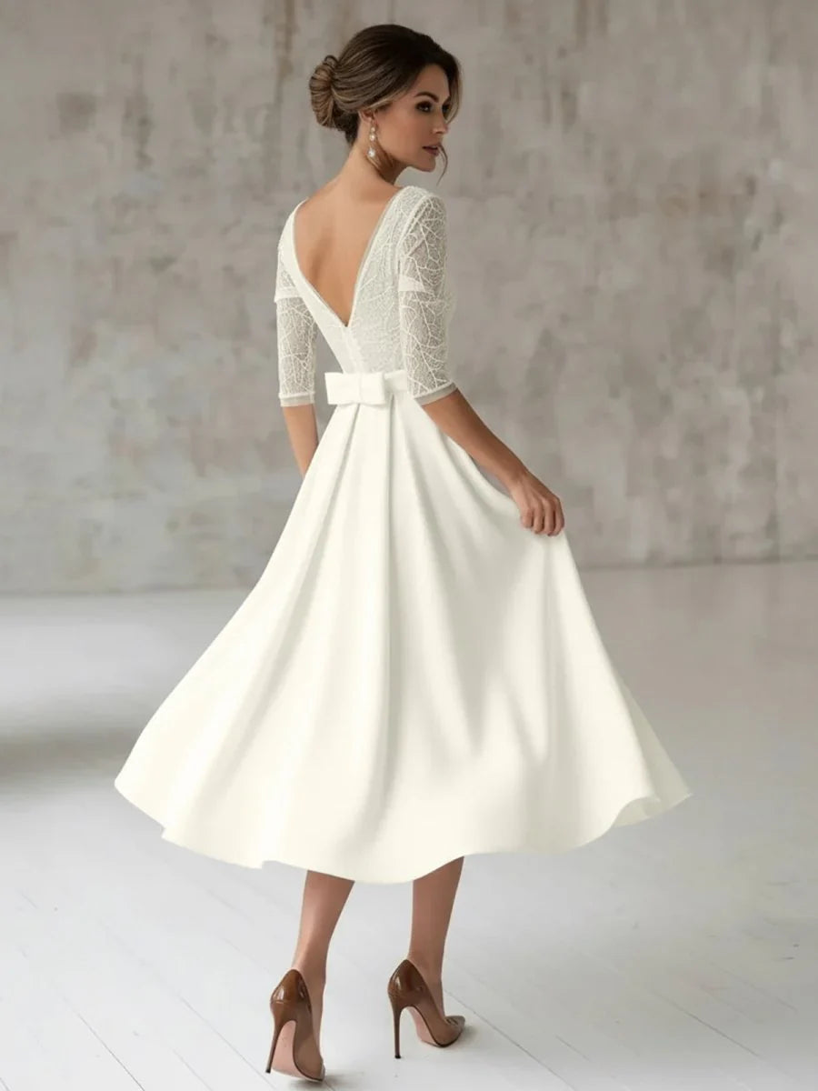 Satin V neck A Line Tea length Wedding Dress with Ruching and Sash
