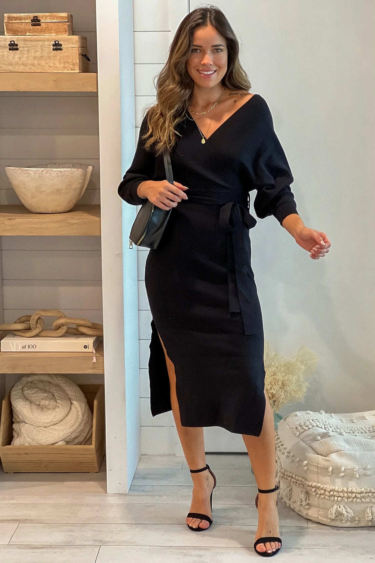 Black V Neck Ribbed Midi Dress