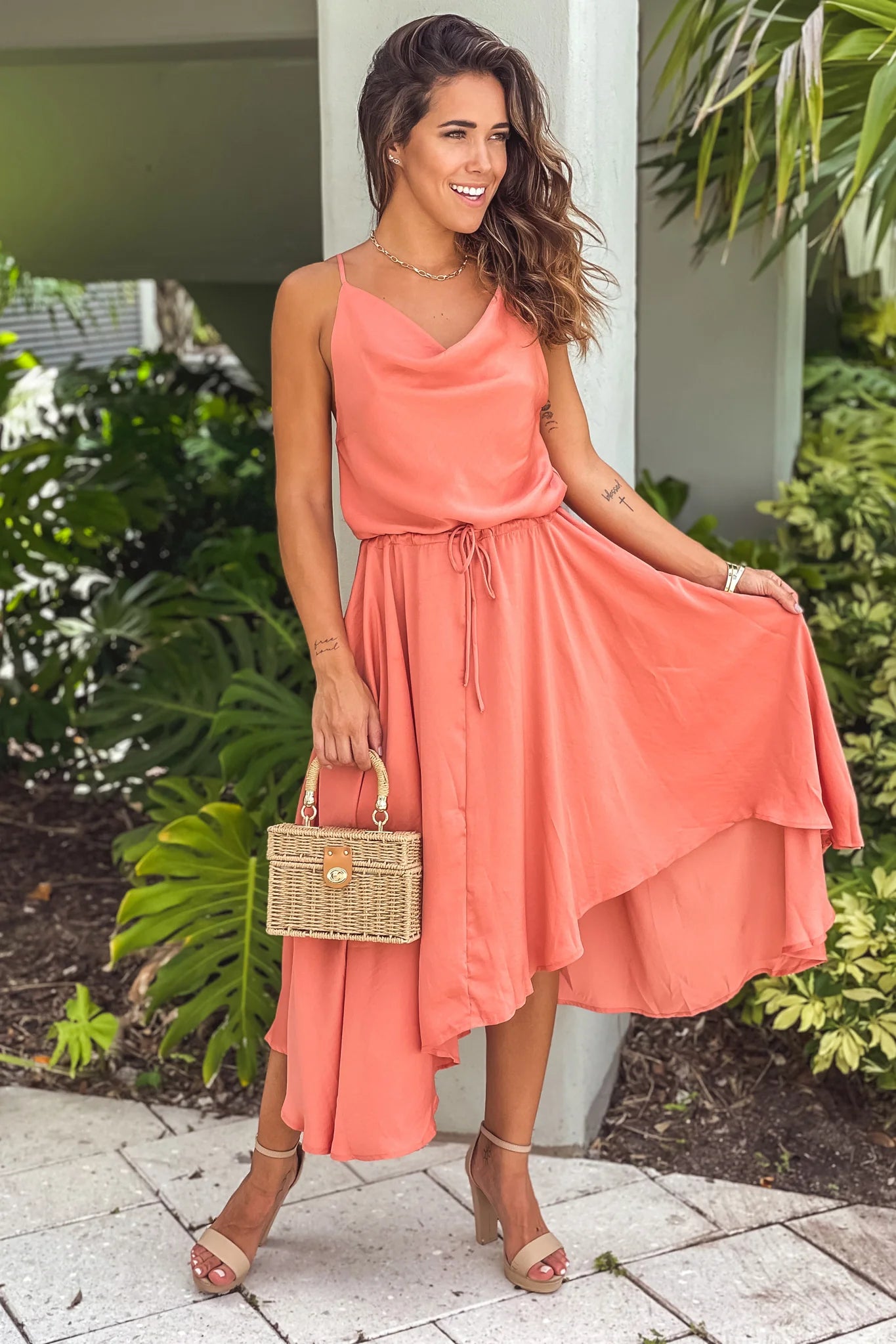 Terracotta Satin Midi Dress With Cowl Neck