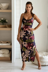 Navy Floral Cowl Neck Dress