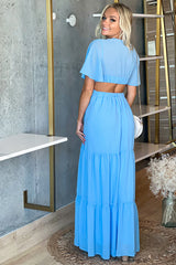 Blue V Neck Maxi Dress with Open Back