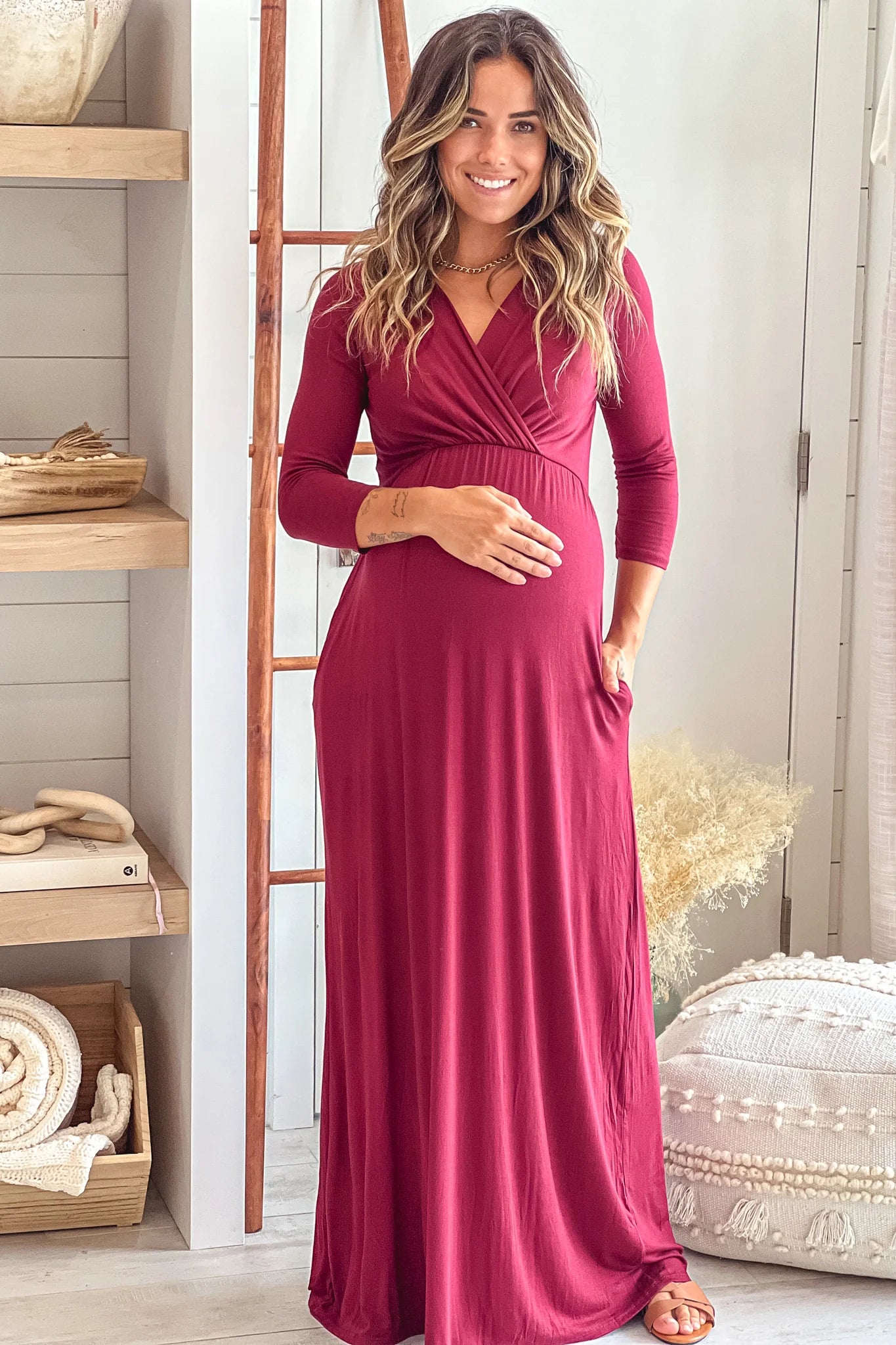 Burgundy Maternity Maxi Dress with Sleeves