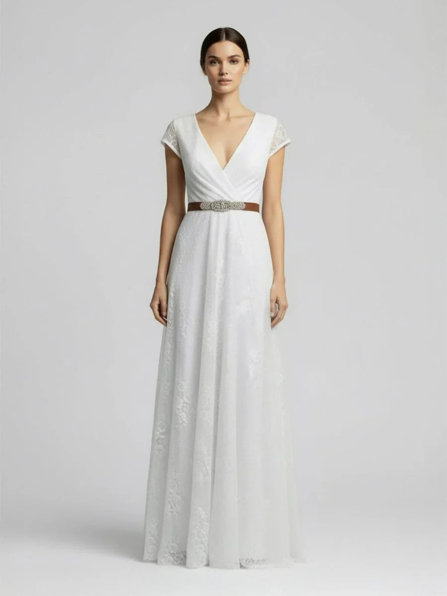 Short Sleeve V neck Pleated Long Lace Wedding Dress