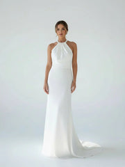Sheath Satin Backless Halter Wedding Dress
