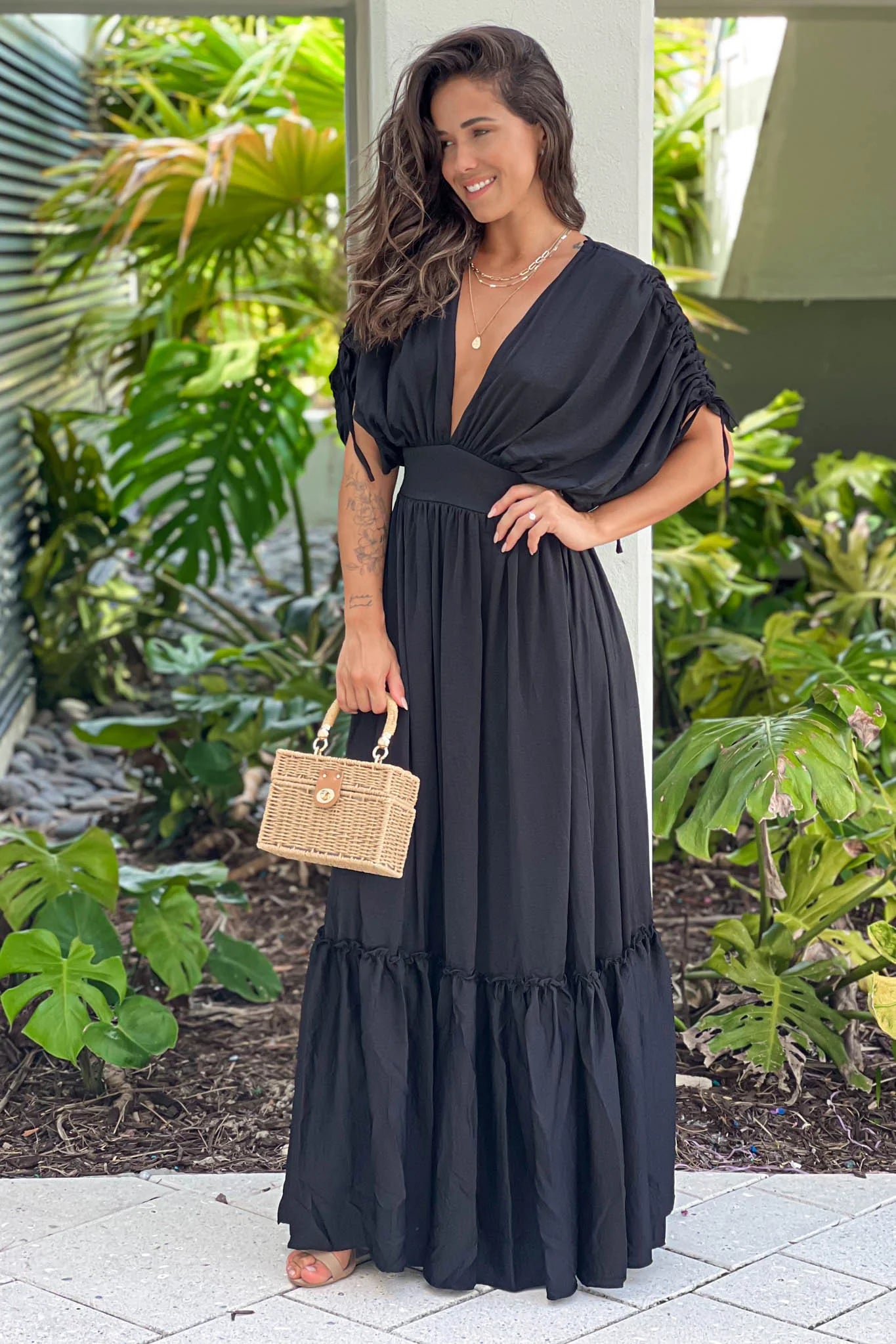 Black Deep V Neck Maxi Dress