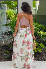 White And Fuchsia Floral Maxi Dress With Lace Back
