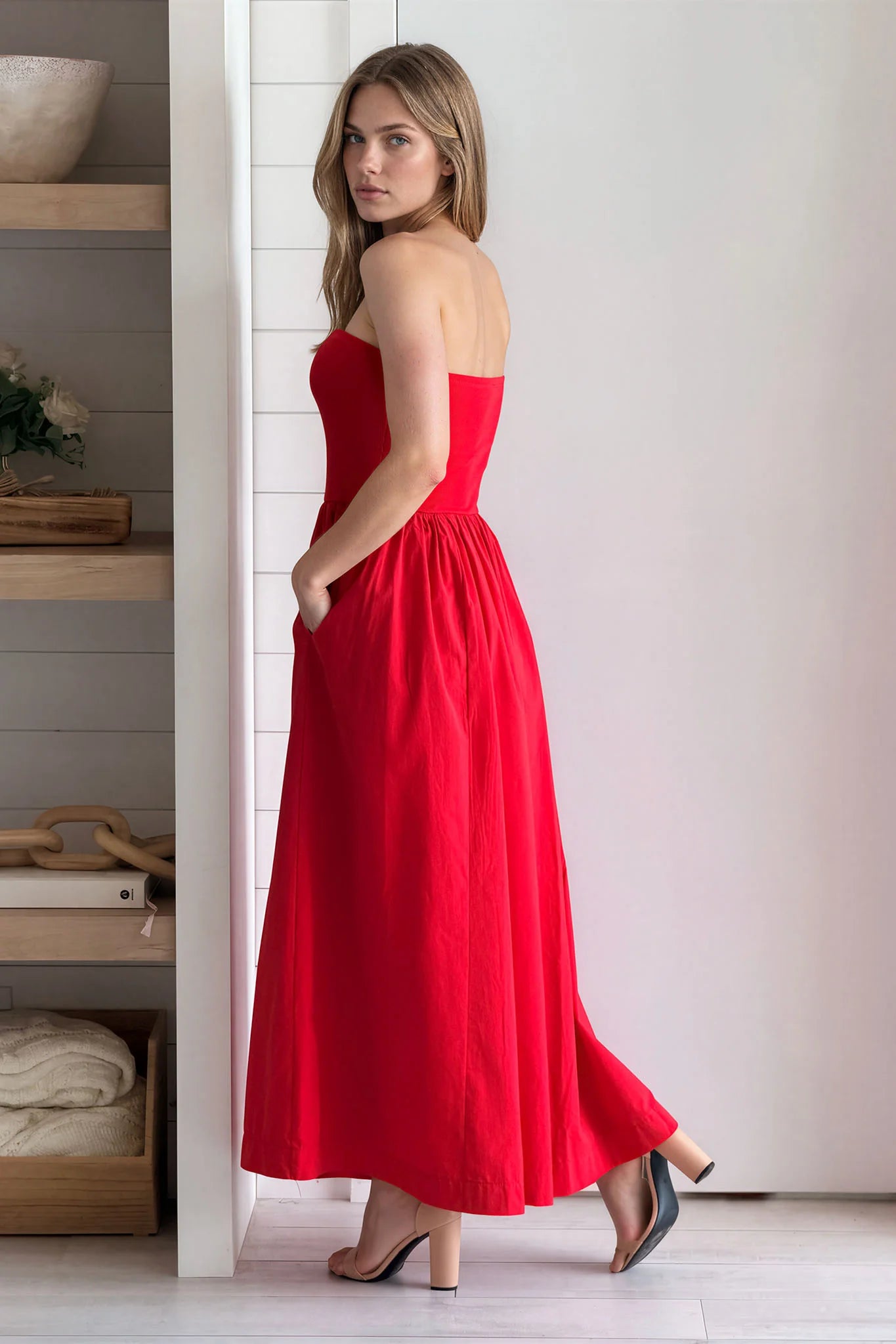 Red Strapless Flowy Midi Dress