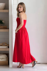 Red Strapless Flowy Midi Dress