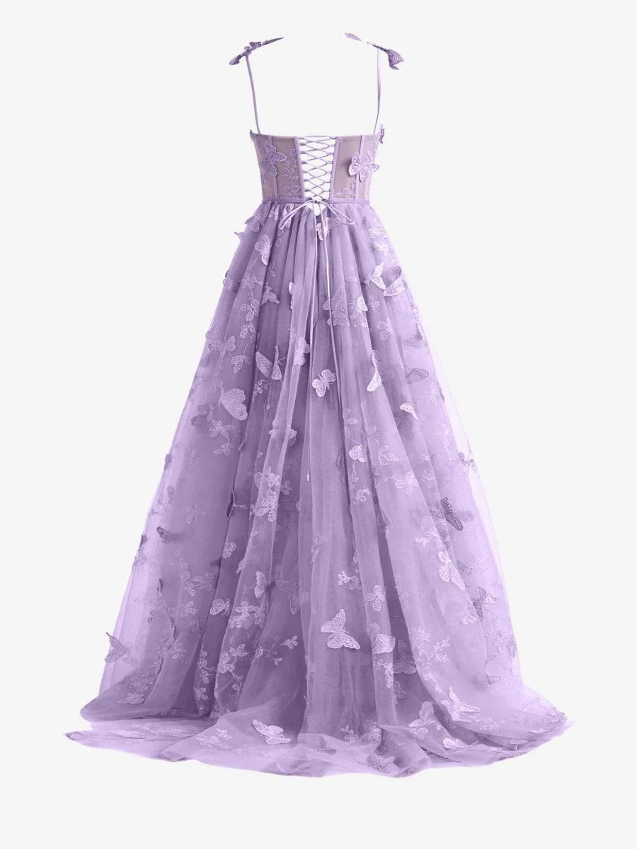 Light Purple A line Butterfly Lace Lilac Corset Prom Dress with Slit