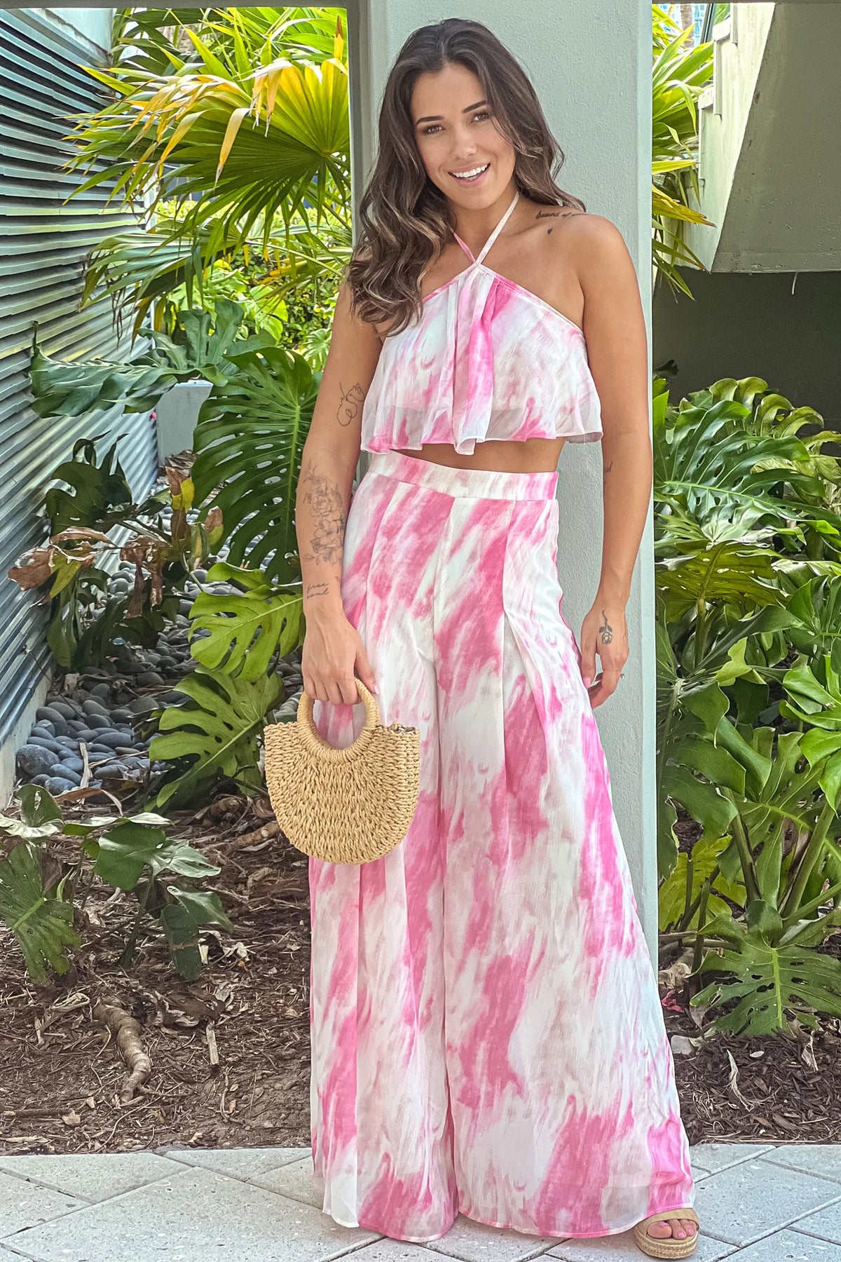 Pink Printed Palazzo Pants And Halter Top Set