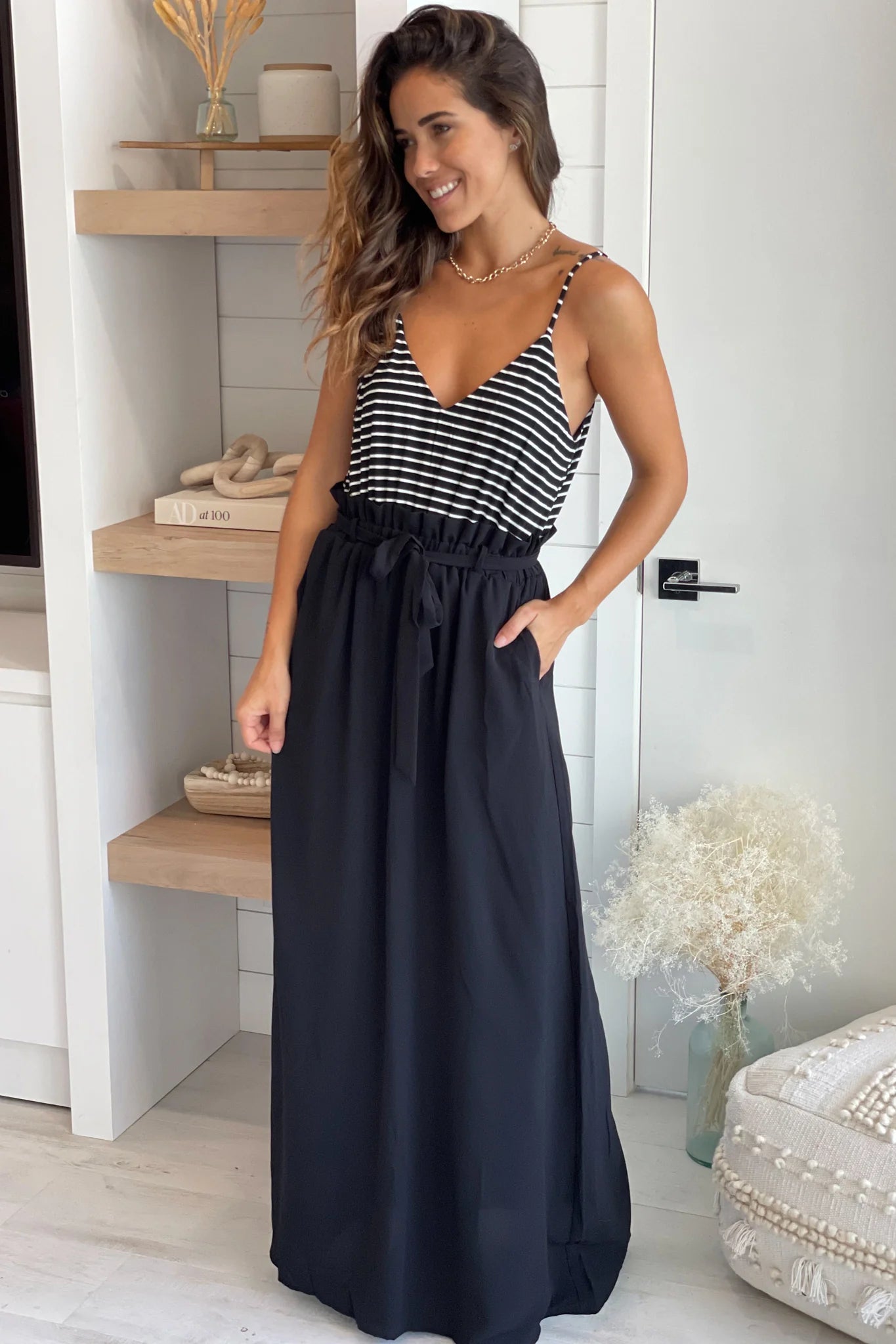 Black Striped Maxi Dress with Paper Bag Waistline