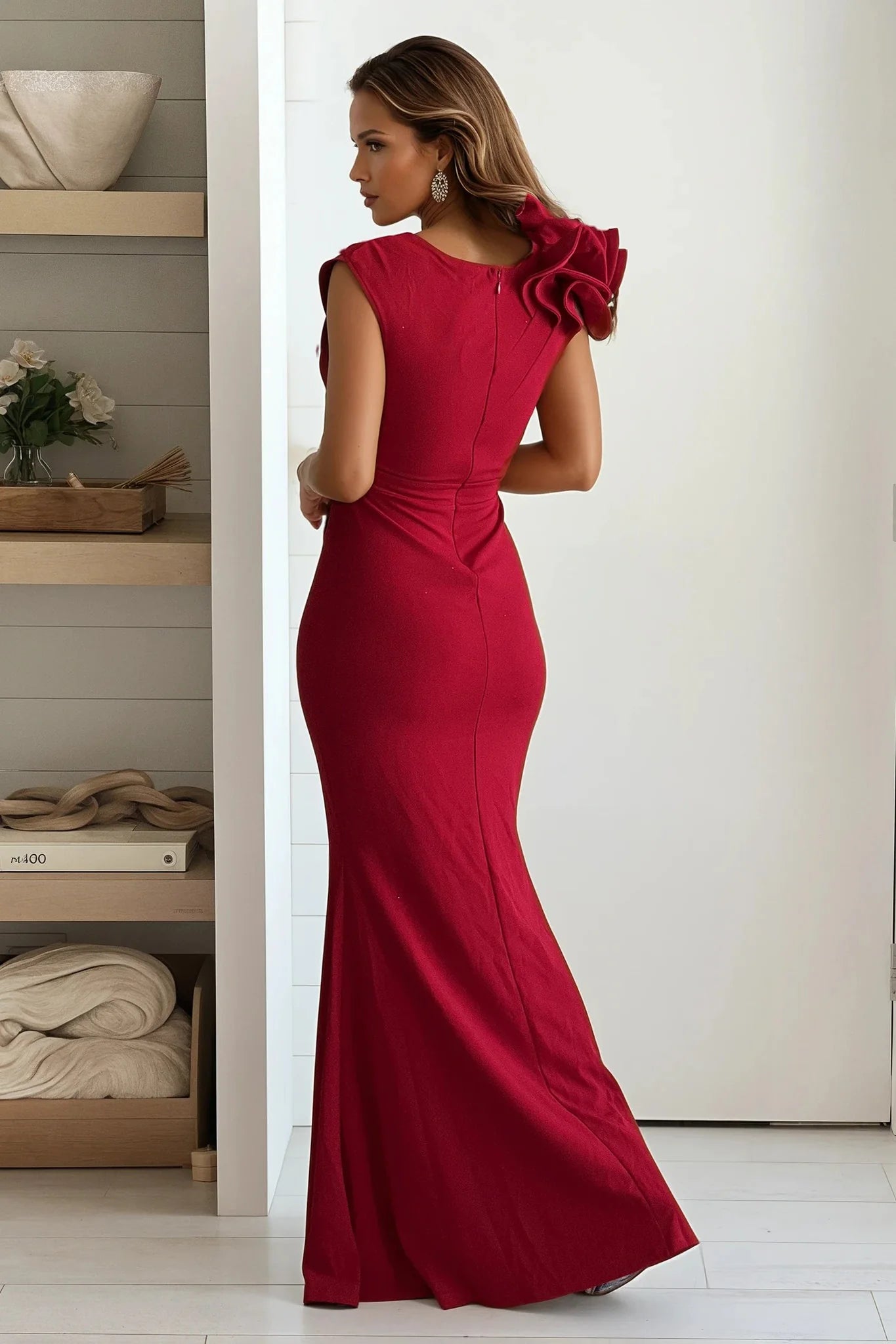 Red Layered Ruffled One Shoulder Maxi Dress