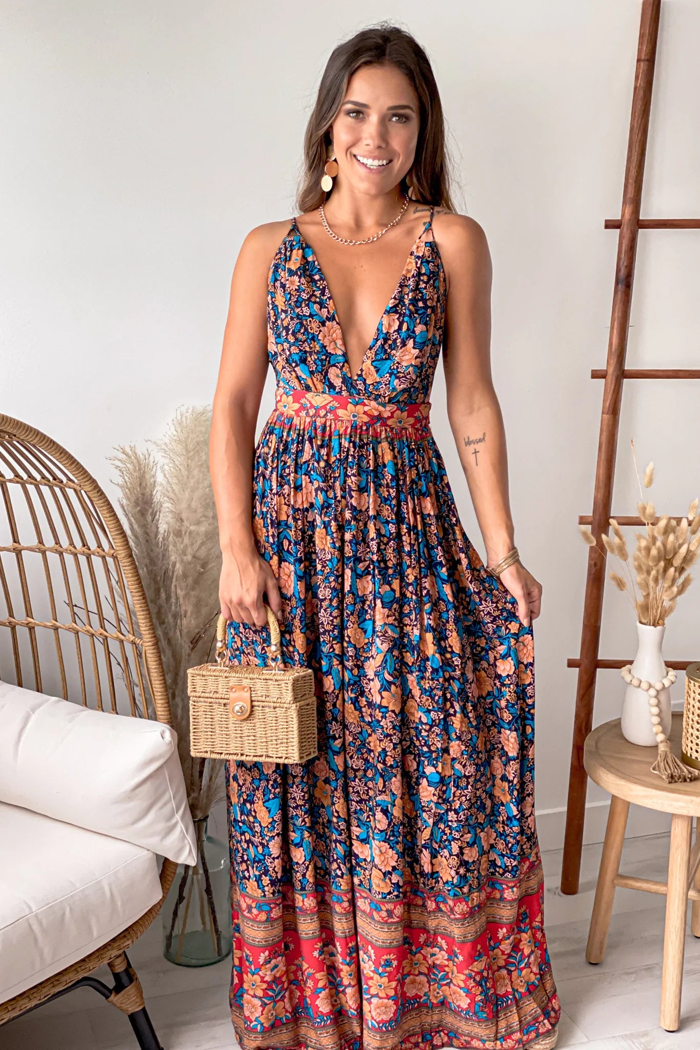Navy Printed V Neck Maxi Dress