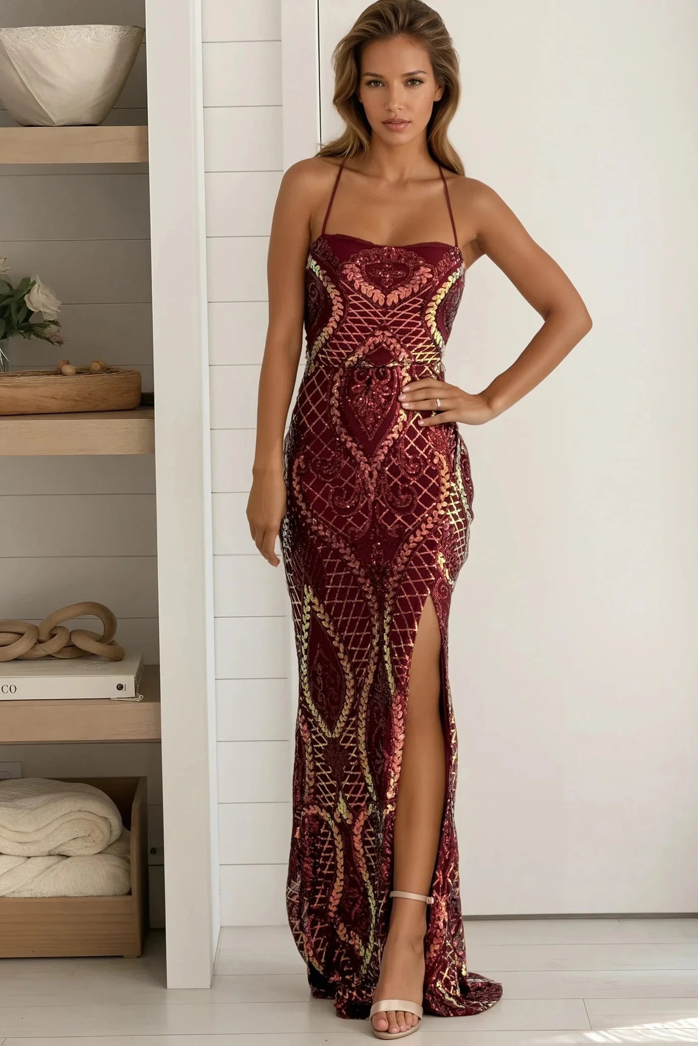 Merlot Sequined Slit Mermaid Maxi Dress