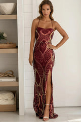 Merlot Sequined Slit Mermaid Maxi Dress