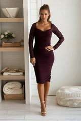 Dark Cherry Mesh Lace Trim Sweetheart Midi Dress