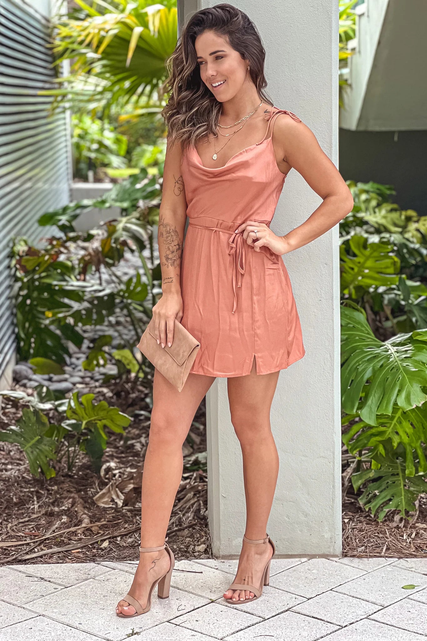 Terracotta Satin Short Dress With Cowl Neck